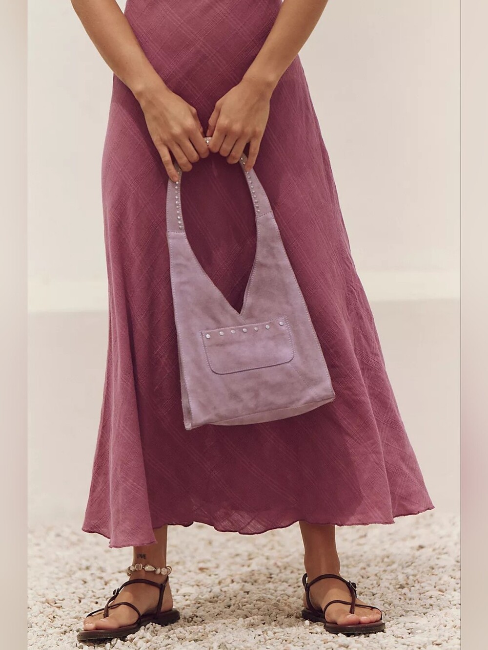 NWT Free People Knox Studded Suede Shoulder Bag, Lilac Dust